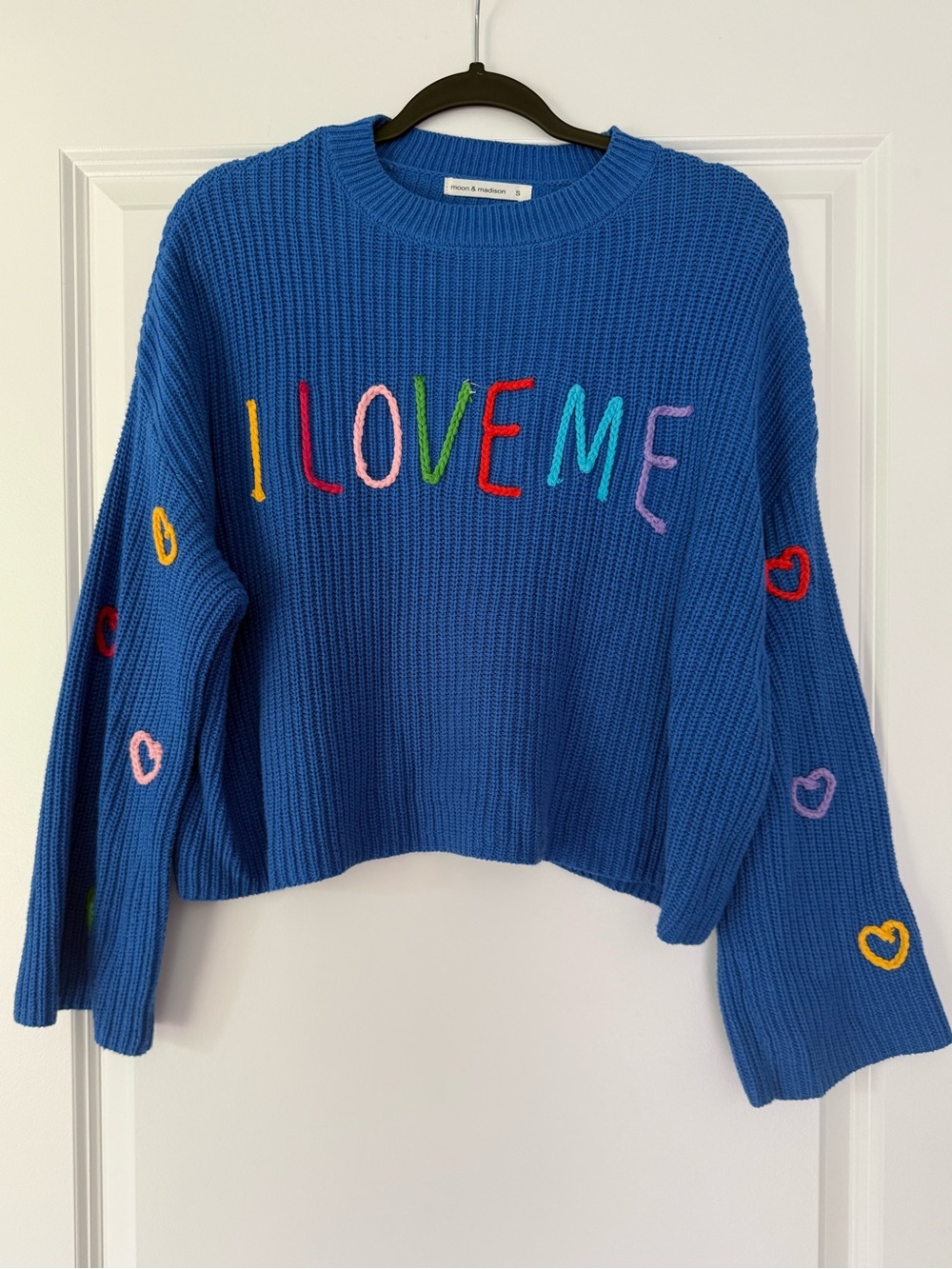 I Love Me Blue Cropped Crewneck Sweater